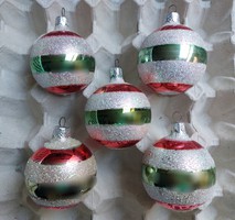 Retro üveg karácsonyfadísz piros zöld csíkos csillámos gömb 5 db