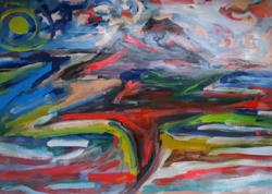 Miklós Cs. Németh: colorful landscape of the two volcanoes (100x70 cm acrylic)