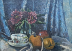 Still life with cup, fruits and flowers (oil, 40x30 cm) unidentified sign