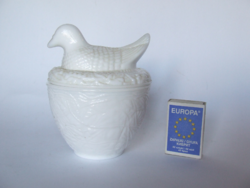Older milk glass, opal glass duck figurine with lid, glass box for Easter, spring decoration