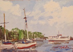 Bánfi József (1936- ) Kikötő a Balatonon - Szép színekkel megfestett olajkép a 70-es évekből