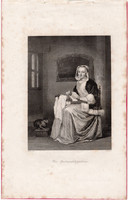 Csipkekészítő, acélmetszet 1845, Payne's Universum, eredeti, 12 x 16, metszet, csipke, nő