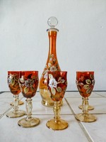 Art Nouveau, enamel painted, colored glass short drink set