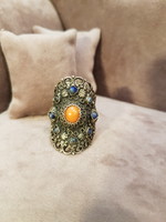 Tibeti ezüst gyűrű, korallal és lápisz lasuli kövekkel