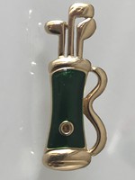Aranyozott golfütő firmájú bross zöld zománc betéttel, 4 cm
