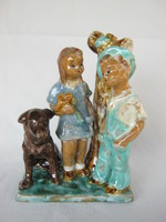Retro ... F. Kun Márta iparművész kerámia szobor kislány és kisfiú kutyával