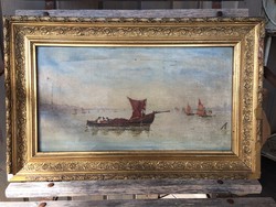 Hajók - 2 db antik festmény párban