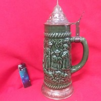 Hungarian green ceramic, copper-covered, beer mug with a bottom and a shepherd's life. 26.5 Cm.