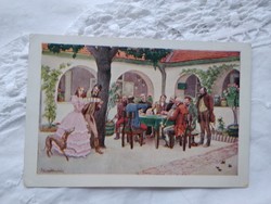 Régi Biczó András képeslap/művészlap Régi jó idők Magyarországon, 'Kártyapartie' 1945 előtti