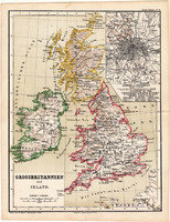 Nagy - Britannia térkép 1873, eredeti, német nyelvű, iskolai, Kozenn, Anglia, London, Írország