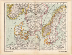 Skandinávia térkép 1873, eredeti, német nyelvű, iskolai, atlasz, Kozenn, Dánia, Svédország, észak