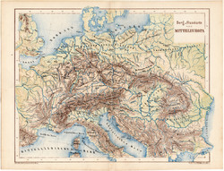 Közép - Európa hegy-, és vízrajzi térkép 1873, eredeti, német nyelvű, iskolai, Kozenn, Kárpátok