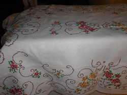 Antique hand embroidered linen tablecloth. II