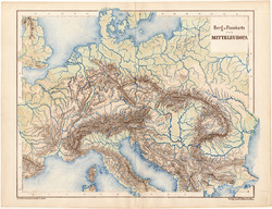 Közép - Európa hegy-, és vízrajzi térkép 1873, vaktérkép, eredeti, német, iskolai, Kozenn, Kárpátok