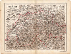 Map of Switzerland 1873, original, German, school, atlas, kozenn, political, canton, region