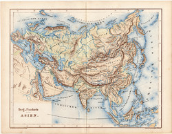 Ázsia hegy-, és vízrajzi térkép 1873, eredeti, német nyelvű, iskolai, atlasz, Kozenn, földrajzi
