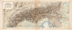 Alpok hegy-, és vízrajzi térkép 1873, vaktérkép, eredeti, német nyelvű, iskolai, atlasz, Kozenn,