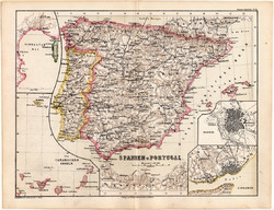 Spanyolország és Portugália térkép 1873, eredeti, német nyelvű, iskolai, atlasz Kozenn, dél