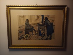 Nyergesi János (1895-1982) "Asszonyok" akvarell, 1963, eredeti, szignózott, keretezve