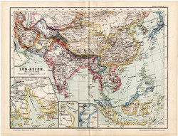 Map of South Asia 1873, original German school atlas, Kozenn, India, China, Borneo, Ceylon