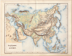 Mountain and hydrographic map of Asia 1873, blind map, original, German, school, atlas, kozenn
