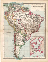 Map of south america 1873, original, german, school, atlas, kozenn, political, brazil
