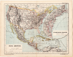Észak - Amerika térkép 1873, eredeti, német nyelvű, iskolai, atlasz, Kozenn, Egyesült Államok, közép