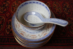 Kínai rizsszemes porcelán együttes 9db. Márkázott kínai porcelán.
