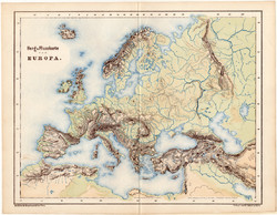 Európa hegy-, és vízrajzi térkép 1873, vaktérkép, eredeti, német nyelvű, atlasz, iskolai, Kozenn