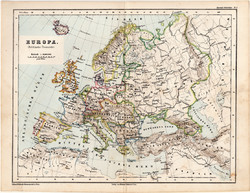 Európa politikai térkép 1873, eredeti, német nyelvű, atlasz, iskolai, Kozenn, monarchia, határok
