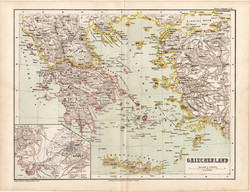 Görögország térkép 1873, eredeti, német nyelvű, iskolai, atlasz, Kozenn, dél, Kréta, szigetek