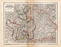 Map of southern Germany 1873, original, German language, school atlas, Kozenn, Bavaria, Baden