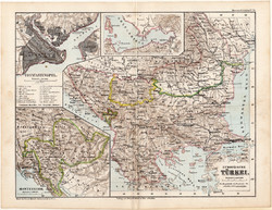 Törökország térkép 1873, eredeti, német nyelvű, iskolai, atlasz, Kozenn, európai része, Balkán