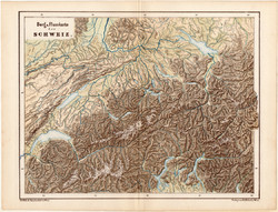 Svájc hegy-, és vízrajzi térkép 1873, vaktérkép, eredeti, német nyelvű, iskolai, atlasz, Kozenn