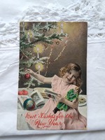 Antik angol kézzel színezett fotólap/képeslap, Karácsony, kislány, játékbaba, karácsonyfa 1908