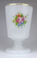 1G875 Antik virágmintás tejfehér Biedermeier talpas pohár 12.5 cm