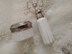 Art Deco fehér tejüveg parfümös szett, parfümös üveg, és krémes tégely
