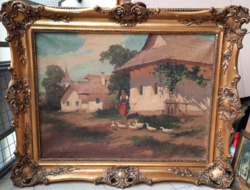 László Neogrády (1896-1962): goose shepherd girl (oil painting in 60x80 frame) sunny village scene