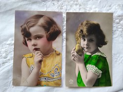 2 db antik kézzel színezett francia fotólap/képeslap gyerekek/kislányok, körte 1920-as évek