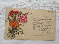 Antique custom handmade postcard / ink drawing (?), Bouquet of carnations 1899