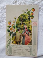 Antik litho/litográfiás, hosszúcímzéses képeslap/üdvözlőlap, szamóca/eper, elegáns pár 1900 körüli