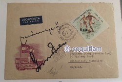 1953 Aranycsapat angol-magyar 3:6 dedikált boríték FDC autogram futball foci labda