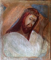 Prima díjas művész alkotás.Jézus vállára veszi a keresztet.18x15 fatábla ikon. Károlyfi Zsófia(1952)