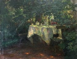 Elisabeth JUSTUS (1872-?):Árnyékos kávéasztal,65 x 82 cm