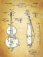 Régi nagybőgő Burdick 1934 klasszikus zenekari hangszerek szabadalmi rajzainak nyomatai, vonósok