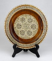 1G908 Keleti perzsa díszes berakásos intarzia szerű gyönyörű falidísz fatányér 21.3 cm