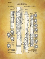 Régi oboa Müller 1888 klasszikus zenekari hangszerek szabadalmi rajzainak nyomatai, fúvósok