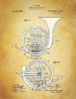 Régi kürt Rossi 1914 klasszikus zenekari hangszerek szabadalmi rajzainak nyomatai, rézfúvósok