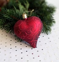 Bordó szív üveg karácsonyfa dísz 10x8cm