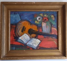 Still life with guitar - painting with vaszary sign